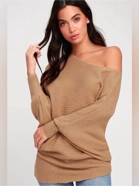 Sadie & Sage Women’s Asymmetric Knit Sweater Off Shoulder Camel Size S/M